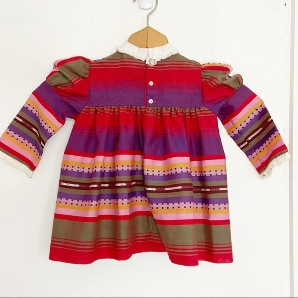 Vintage Nanette 1960’s 1970’s‎ toddler girl dress striped puff sleeve crochet 2T